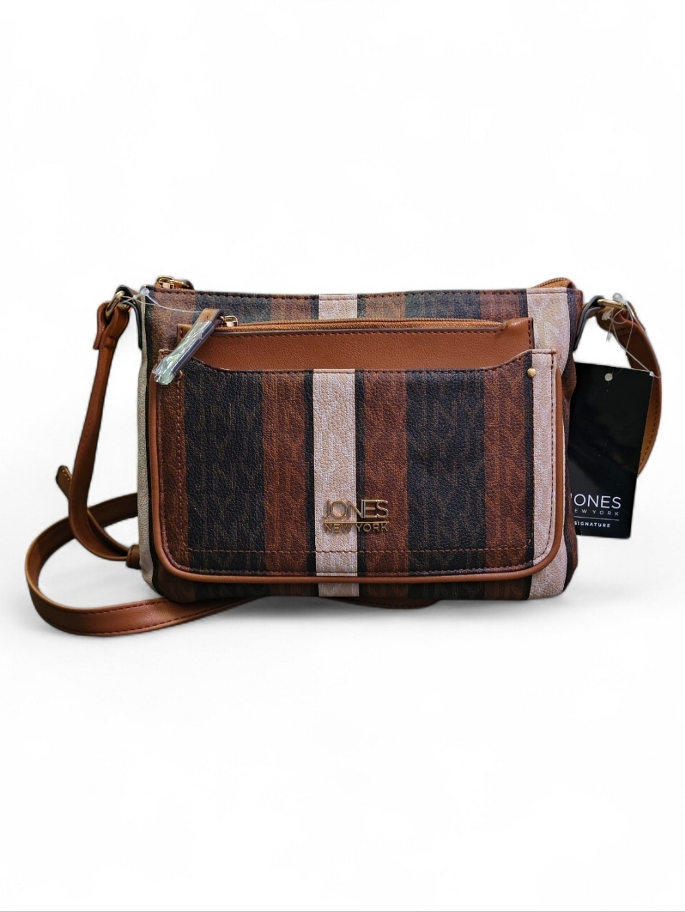 NWT Jones New York Tan Brown Stripe Crossbody Bag & Matching Wristlet Set